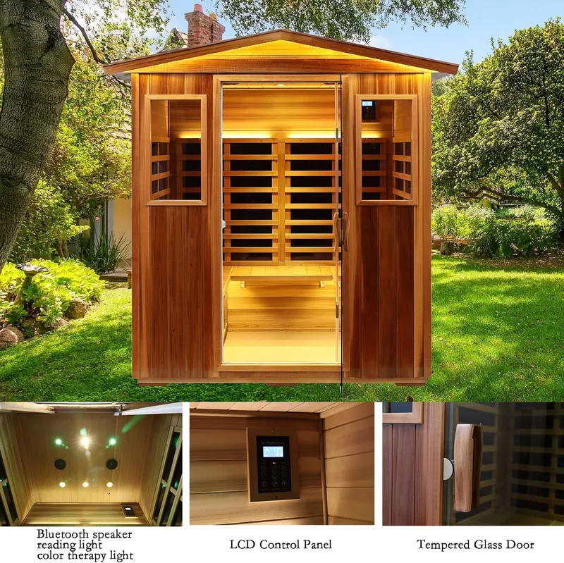 KUNSANA Red Cedar 4 Person Outdoor Ultra-Low EMF Infrared Sauna